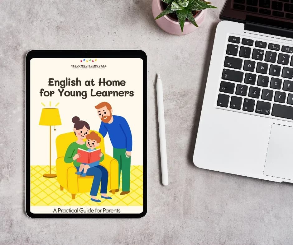 English at Home for Young Learners parent guide shown on a tablet